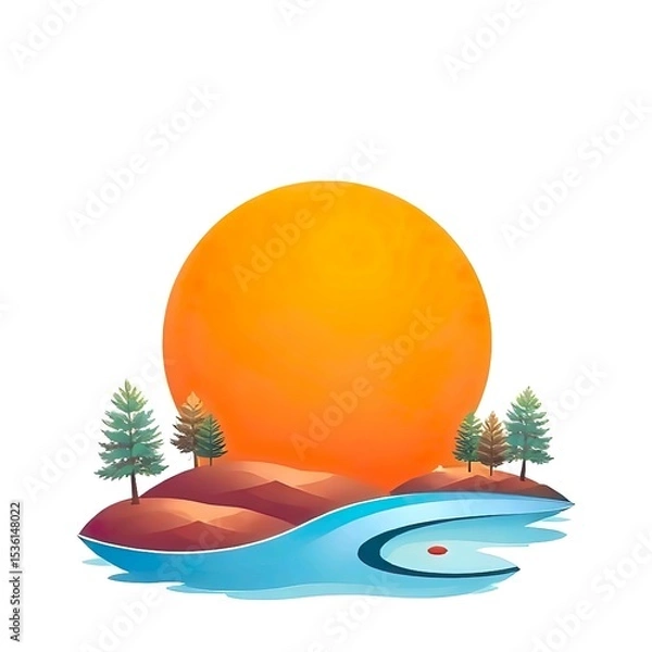 Fototapeta Stylized landscape with orange sunset, rolling hills, pine trees and flowing stream in modern flat design illustration