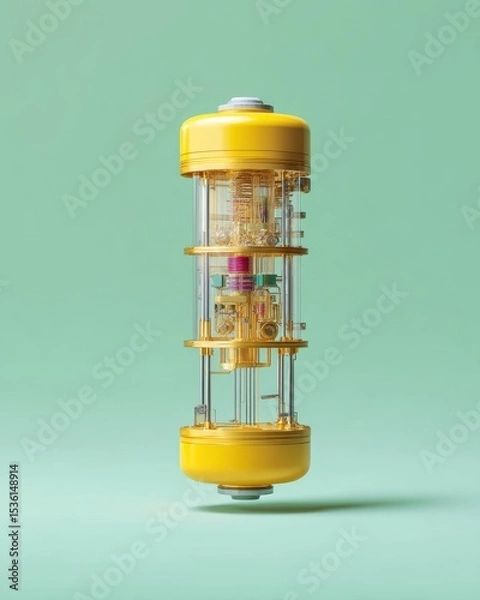 Fototapeta Vertical Quantum Processor with Transparent Components in Sealed Chamber, Showcasing Nanoscale Computational Power for Cutting-Edge Tech Innovation