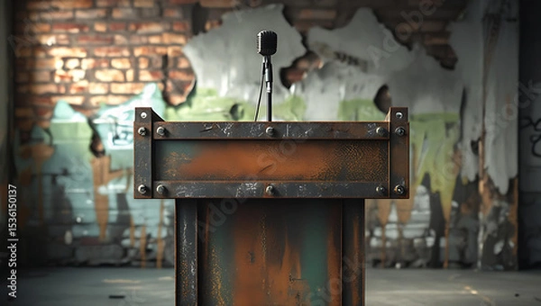 Fototapeta Worn Metal Podium with a Microphone in an Abandoned Building Setting