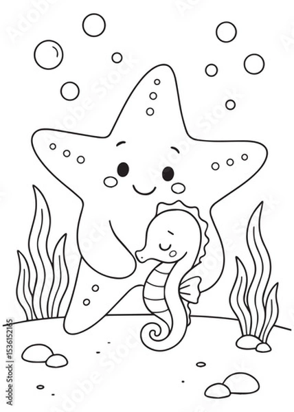 Fototapeta Coloring book starfish is happily hugging a cute seahorse at the bottom of the ocean