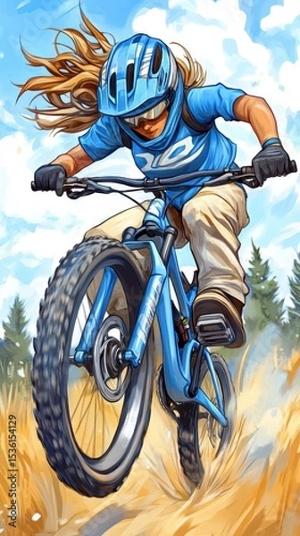 Obraz Female Mountain Biker Illustration Speed, Thrills, and Adventure on Trails