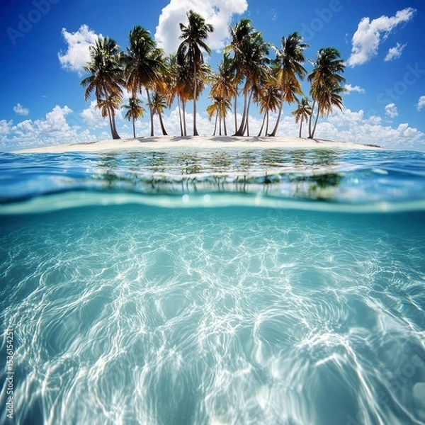 Obraz Tropical Paradise Secluded Island with Crystal Clear Waters and Lush Palm Trees