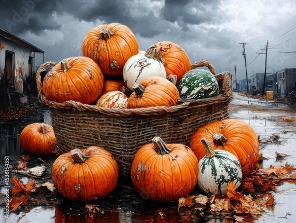 Obraz Autumn Harvest A Basket of Colorful Pumpkins in a Stormy Setting