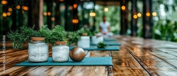 Obraz Serene Outdoor Spa Setting Tranquil Tablescape with Herbs and Candles