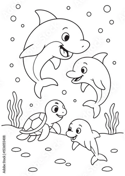 Fototapeta Coloring book dolphins, including an adult and two smaller ones, swims with a cheerful turtle on the ocean floor