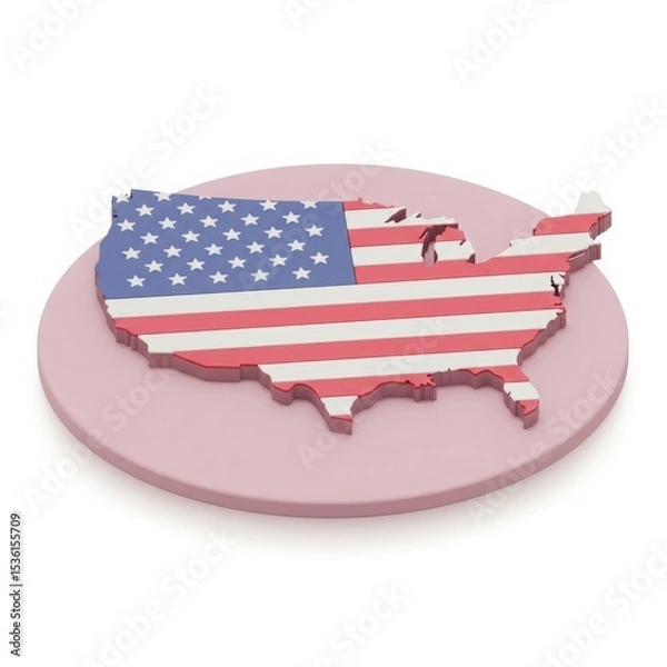 Fototapeta Isometric 3D map of the United States with American flag overlay on a pastel round base.