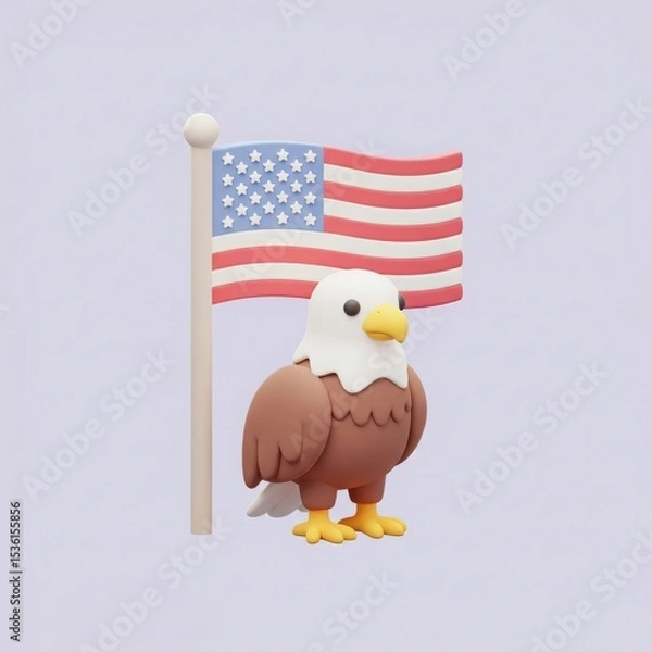 Fototapeta American bald eagle with the US flag on a pole in isometric 3D illustration.