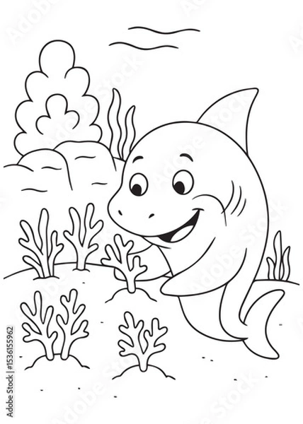 Fototapeta Coloring book shark with a happy smile is swimming among coral and rocks at the bottom of the ocean