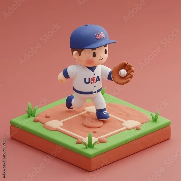 Fototapeta Isometric 3D baseball player child in USA uniform ready to pitch, on a grass field base.