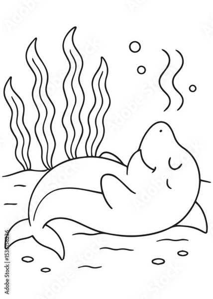 Fototapeta Coloring book sleeping shark rests peacefully on the ocean floor, surrounded by tall seaweed and bubbles
