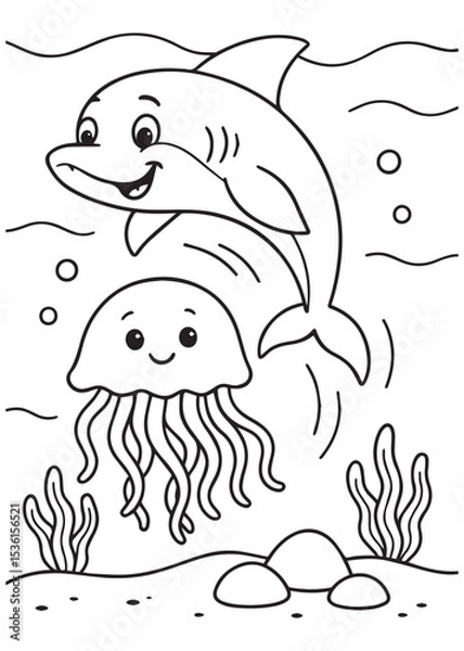 Fototapeta Coloring book shark swims above a happy jellyfish at the bottom of the ocean