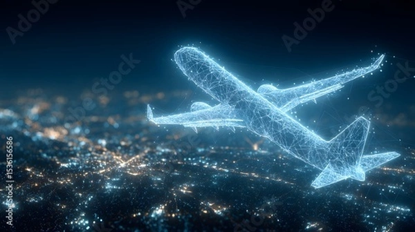 Fototapeta Wireframe Airplane Hovering Over Illuminated Cityscape