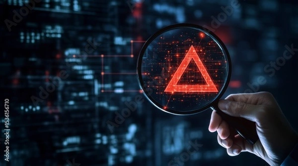 Obraz Hand holding magnifying glass over a red triangle warning sign on a digital background.