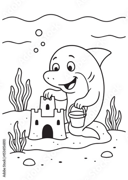Fototapeta Coloring book shark with a cheerful expression is building a sandcastle with a bucket