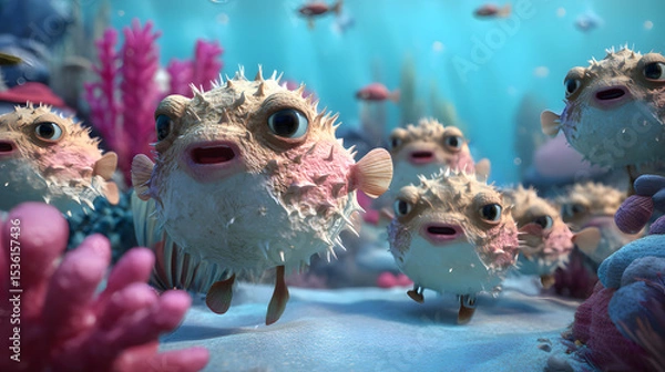 Obraz 3d Cartoon Of a parade of cute pufferfish