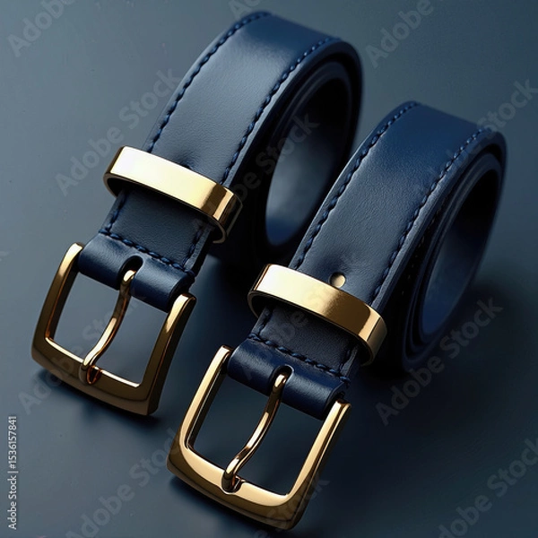 Fototapeta A sophisticated product presentation of two classic navy blue leather belts with shiny gold buckles, elegantly coiled and displayed on a dark, moody blue surface.
