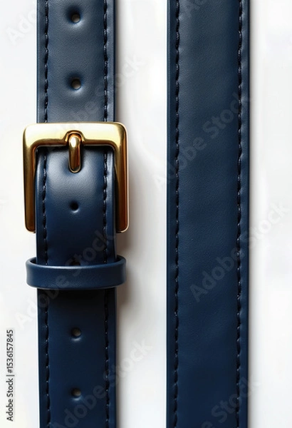 Fototapeta This minimalist flat lay captures the elegant detail of a single navy blue leather strap and its polished gold buckle, an ideal concept for fashion and accessories.
