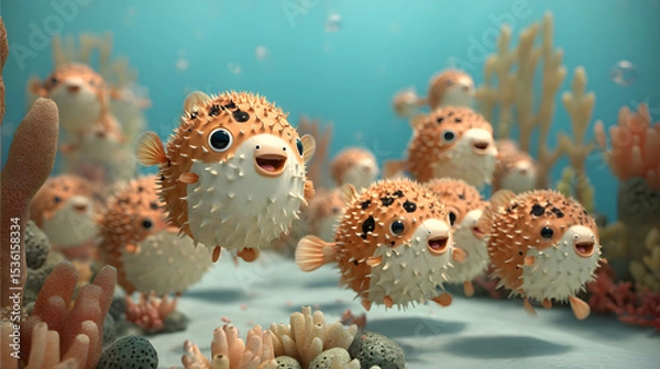 Obraz 3d Cartoon Of a parade of cute pufferfish
