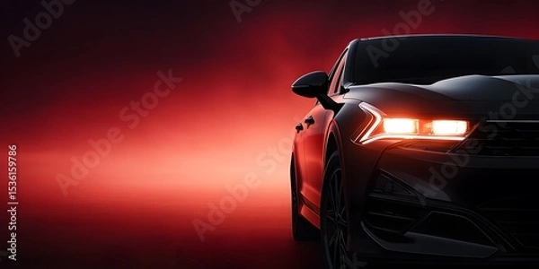 Fototapeta Modern Car with Illuminated Headlights Against a Red Gradient Background