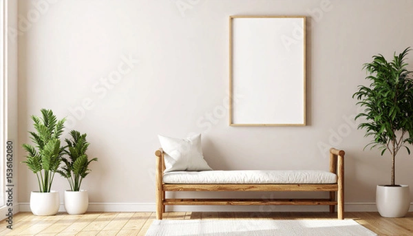 Fototapeta Zenith of Space: A well-lit room featuring a wood bench, elegant plants, and a striking picture frame evokes serene sophistication and invites creative interior design exploration.