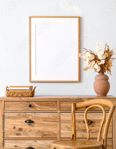 Fototapeta Elegant Living: A wooden sideboard with a framed art print and a dried flower arrangement exudes rustic charm. The vintage chair adds a touch of nostalgia, the scene breathes calm and serenity