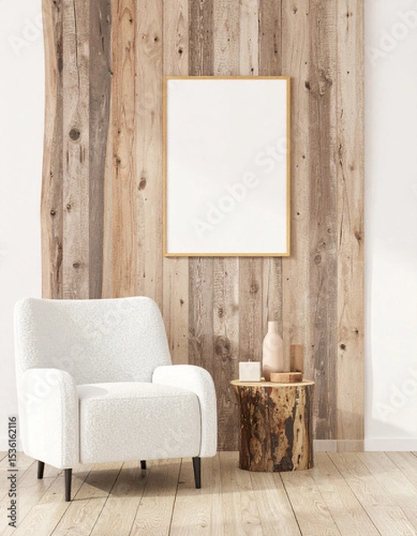 Fototapeta Elegant Room Interior: The harmonious blend of a modern armchair, rustic wood paneling, and minimalist decor creates a serene ambiance in this expertly styled room.