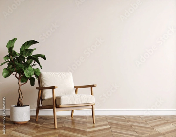 Fototapeta Cozy Corner: An inviting interior scene features a wooden armchair, complemented by a potted plant, set against a backdrop of a neutral wall and a natural wooden floor, creating a serene atmosphere.