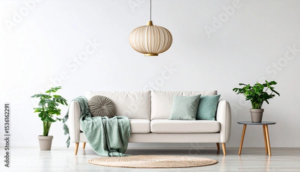 Fototapeta Modern Living Room Interior: A serene and stylish living room features a cream sofa, complemented by soft green cushions and a throw.  Natural elements, including potted plants and a jute rug.
