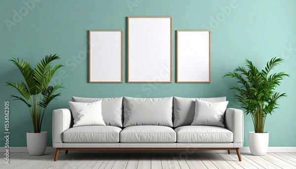 Fototapeta Modern Living Room Interior: Showcase white sofa complemented by lush houseplants and three framed poster for design, set against a serene wall.