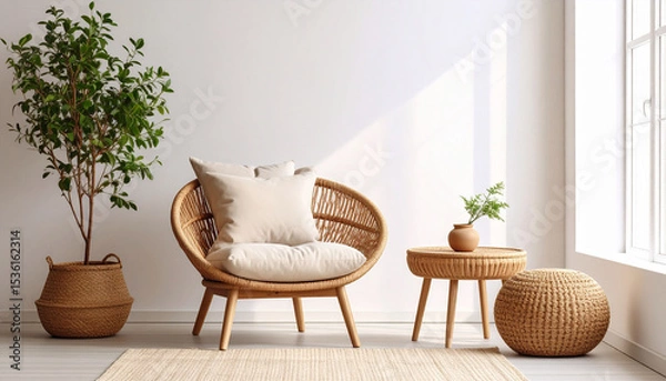 Fototapeta Serene Interior: A bright and inviting interior scene featuring a natural wicker chair, complemented by matching side table, a decorative woven ottoman, and a lush potted plant.