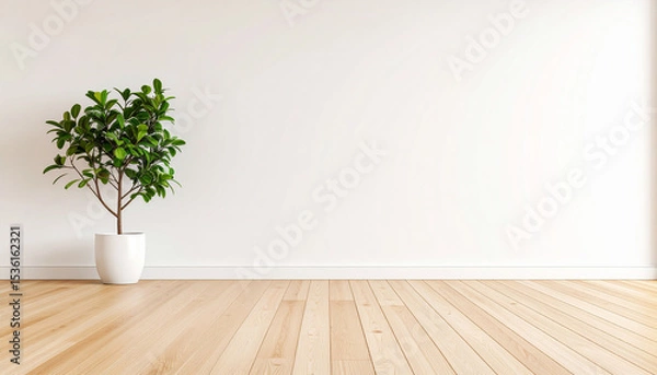 Fototapeta Indoor Plant with Empty Space: A solitary, vibrant green plant in a white pot stands gracefully against the backdrop of a clean, uncluttered space.