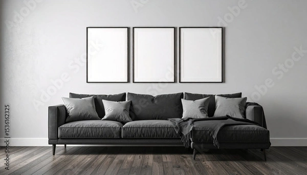 Fototapeta Elegant Living Room: A modern living room featuring a comfortable sofa, pillows, blanket, and three blank picture frames on a wall. Wooden flooring adds a touch of warmth.
