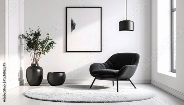 Fototapeta Monochrome Minimalist Room Interior: A serene corner of a minimalist room with round carpet, featuring a comfortable black armchair, stylish black decoration vase.
