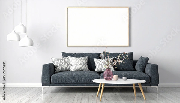 Fototapeta Minimalist Living: A serene living space features a modern sofa, elegant decor and a blank picture frame ready to showcase your personalized touch, offering a canvas for artistic expression.