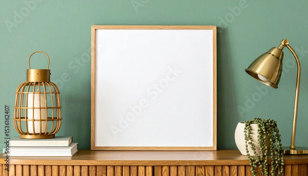 Fototapeta Empty Frame Elegance: A stylish setting with a blank square picture frame poised to display artwork, book stack, potted succulent and vintage lamp, embodying minimalist charm and design finesse.