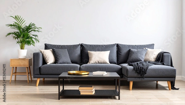 Fototapeta Sleek and Modern Living Room: Capturing a sophisticated interior, this image showcases a stylish sectional sofa, complemented by a chic coffee table, potted plant, and elegant decor.