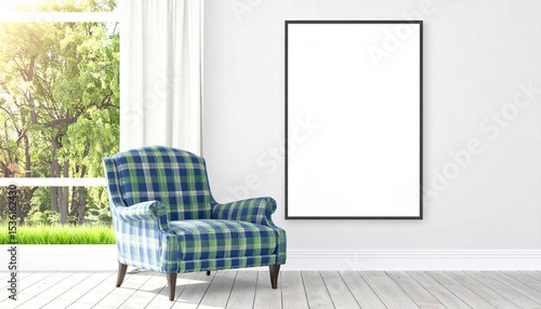 Fototapeta Modern Interior with Armchair and Empty Frame: A minimalist interior features a comfortable armchair, a framed blank canvas, and a window view, bathed in natural light.
