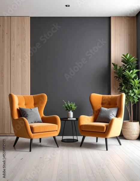Fototapeta Cozy Comfort: Two inviting armchairs, draped in a warm orange hue, stand sentinel in a minimalist living space, awaiting moments of relaxation.