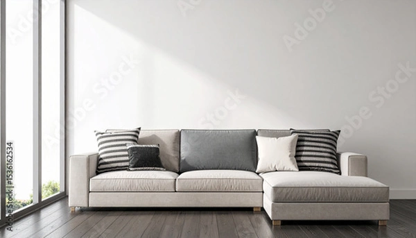 Fototapeta Modern Living Room: A cozy, contemporary living space featuring a stylish sofa and ample natural light pouring in through large windows, creating a serene atmosphere.