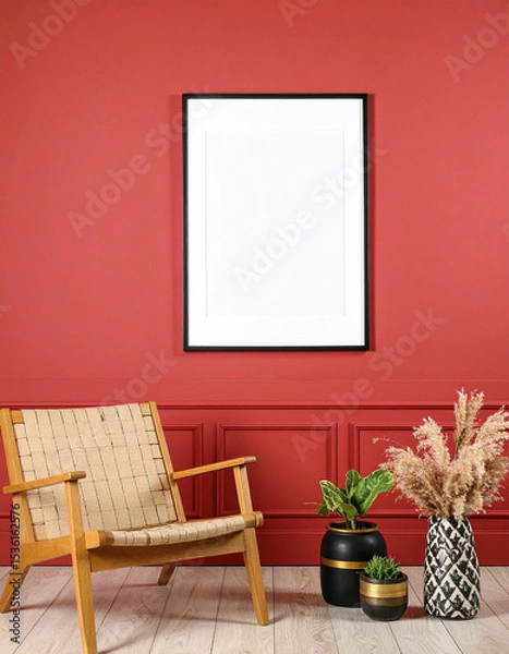 Fototapeta Interior Decor: Artfully designed interior with framed artwork on a richly hued wall, and a carefully curated chair and floral arrangements creating a sense of calm and sophisticated design.