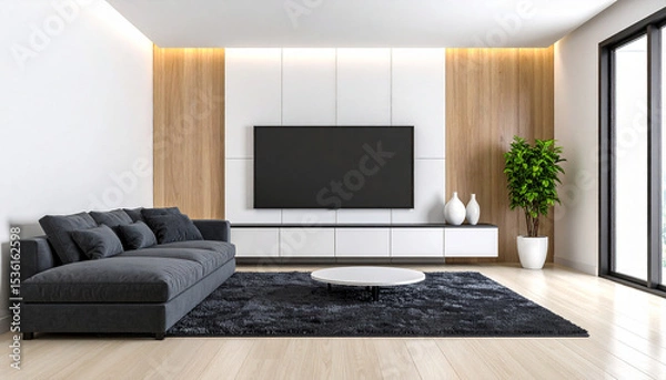 Fototapeta Modern Living Room Interior: A bright and airy living space showcases modern design elements, featuring a comfortable grey sofa, a sleek entertainment unit with a large screen television.