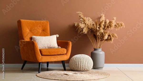 Fototapeta Serene Abode: a stylish armchair, adorned with a cozy pillow, graces a warm, earthy-toned room. Complemented by a decorative rug and dried plants in a vase.