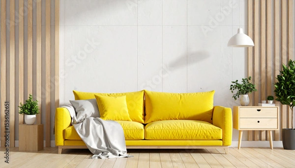 Fototapeta Cozy Living Room with Yellow Sofa: A sunlit interior featuring a modern yellow sofa, accompanied by stylish decor and natural elements, inviting a sense of comfort and serenity.