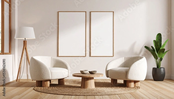Fototapeta Minimalist Living Room: Elegant interior design features a cozy seating arrangement with two armchairs, a round coffee table, a stylish floor lamp, and a vibrant plant.