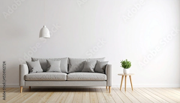 Fototapeta Minimalist Living Space: An inviting and well-lit interior scene that features a sleek gray sofa, small round table, potted plant, and stylish pendant light fixture.