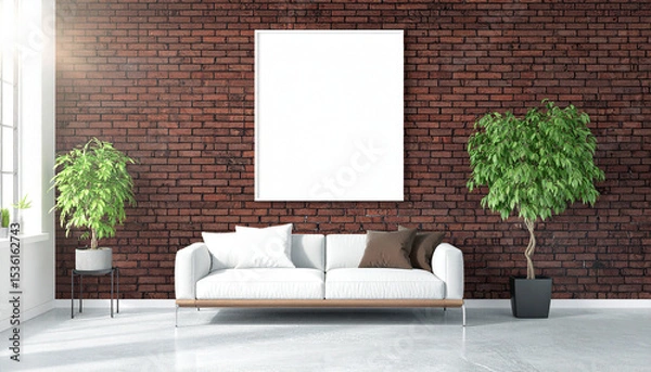 Fototapeta Serene Living Room Oasis: Minimalist living room design showcasing a modern sofa with stylish cushions, an armchair, a coffee table, and lush indoor greenery. a sense of spaciousness and tranquility.