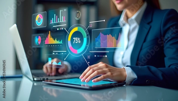 Fototapeta A business professional analyzing futuristic digital graphs and analytics dashboards on a tablet, showcasing data visualization, financial growth, and business intelligence in a modern tech environmen