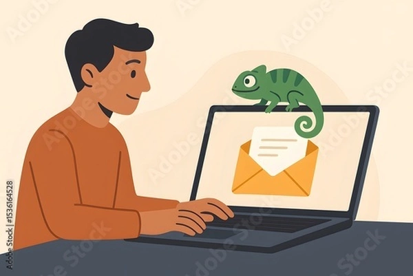 Fototapeta Chameleon Office Cartoon: Digital Communication and Technology Workspace