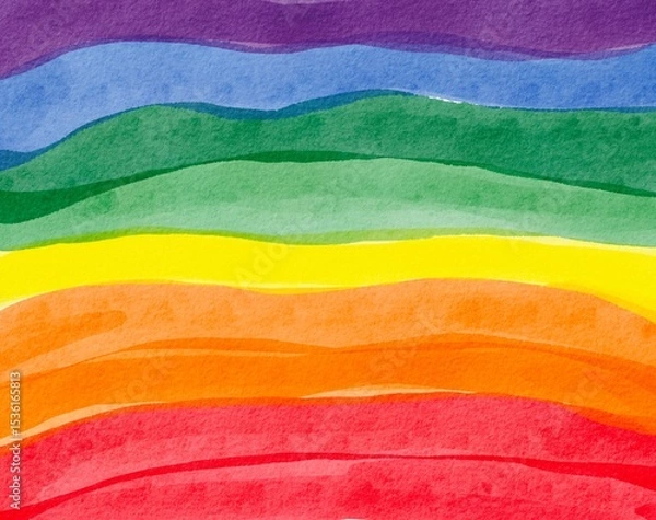 Fototapeta Watercolor rainbow landscape with vibrant layered waves in pride colors, painted in soft gradient hues