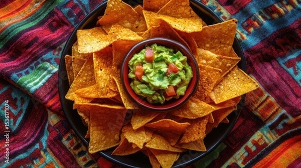 Obraz A plate of tortilla chips with a bowl of guacamole